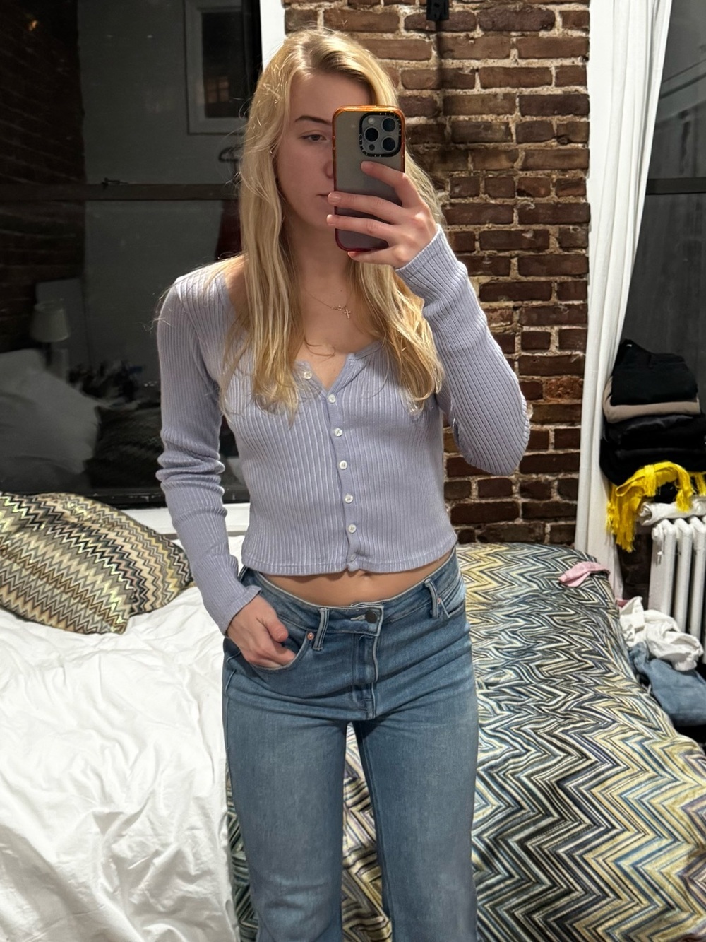 Brandy Melville Light Lavender Ribbed Button-Front Long Sleeve Top